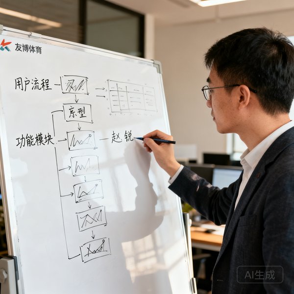 友博体育产品经理赵锐的侧面照，他正对着白板绘制产品原型图，白板上写满了用户流程和功能模块的草图
